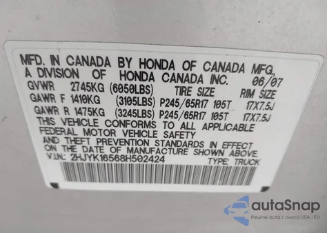 2008 Honda Ridgeline Rtl z USA, uszkodzony, nr VIN 2HJYK16568H502424